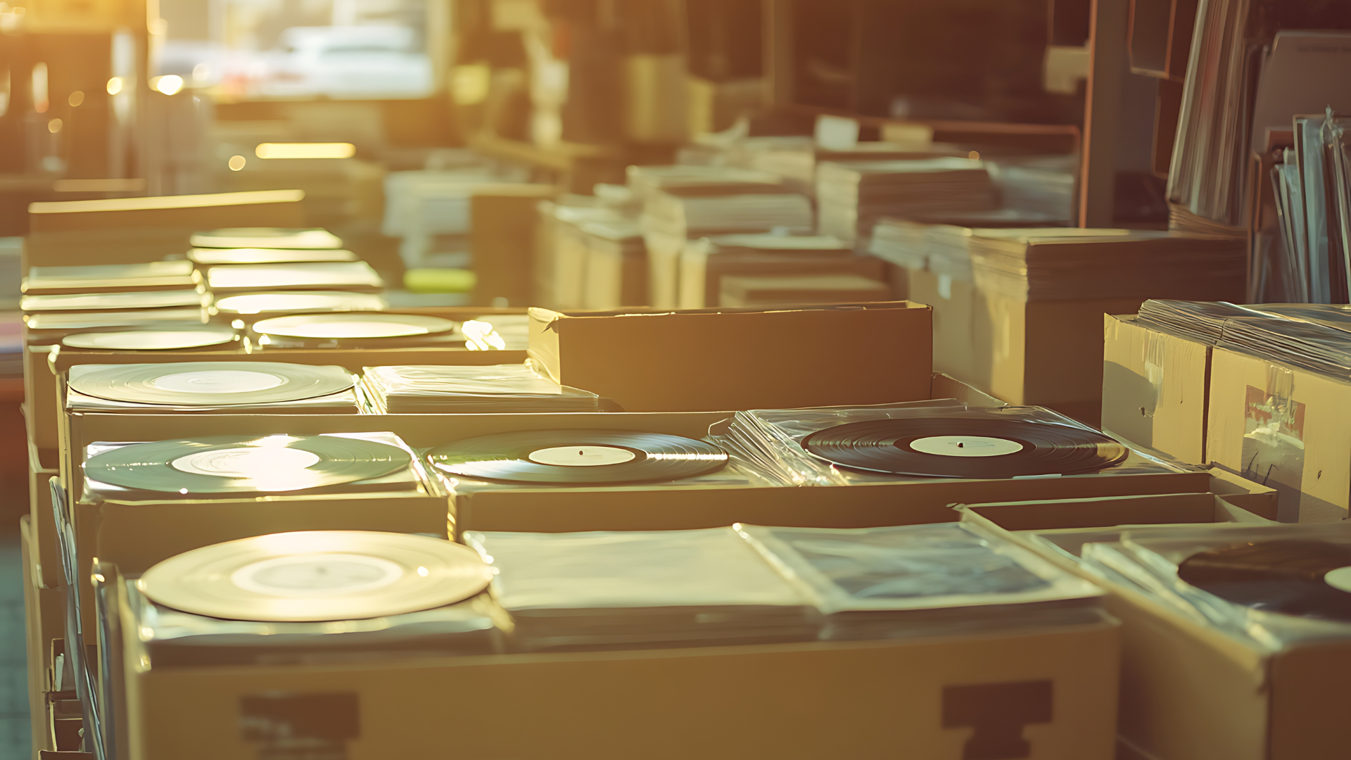 Vintage vinyl records in warm golden light